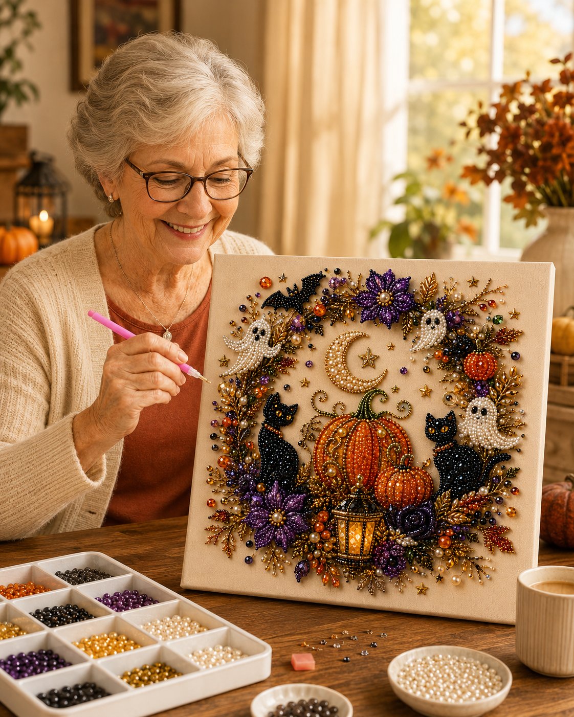 💥 Last Day 50% OFF – 👻✨IVOSOMA® Halloween Pearl Art DIY Kit – Turn Tiny Pearls into Spooky-Cute Magic