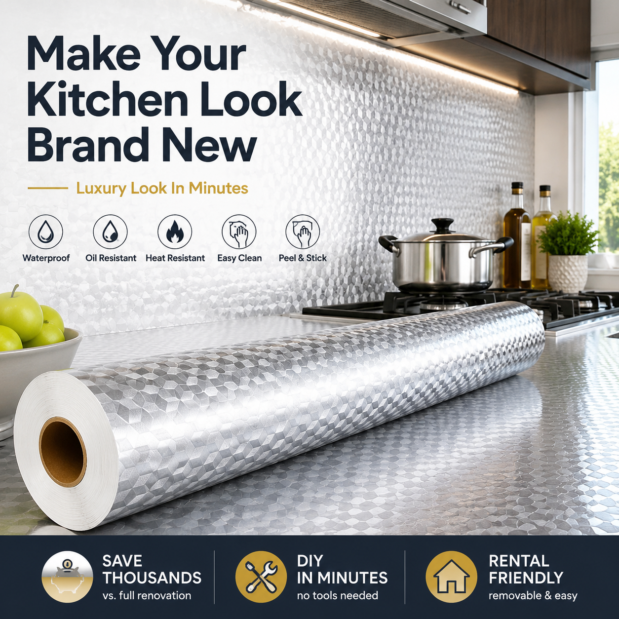 Ivosoma® Peel & Stick Kitchen Makeover Film – Waterproof DIY Countertop & Cabinet Cover