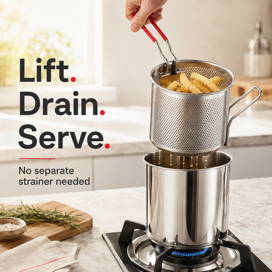 Ivosoma🍟 Personal Mini Deep Fryer Set – Stainless Steel Pot with Lift-Out Draining Basket & Food Tongs