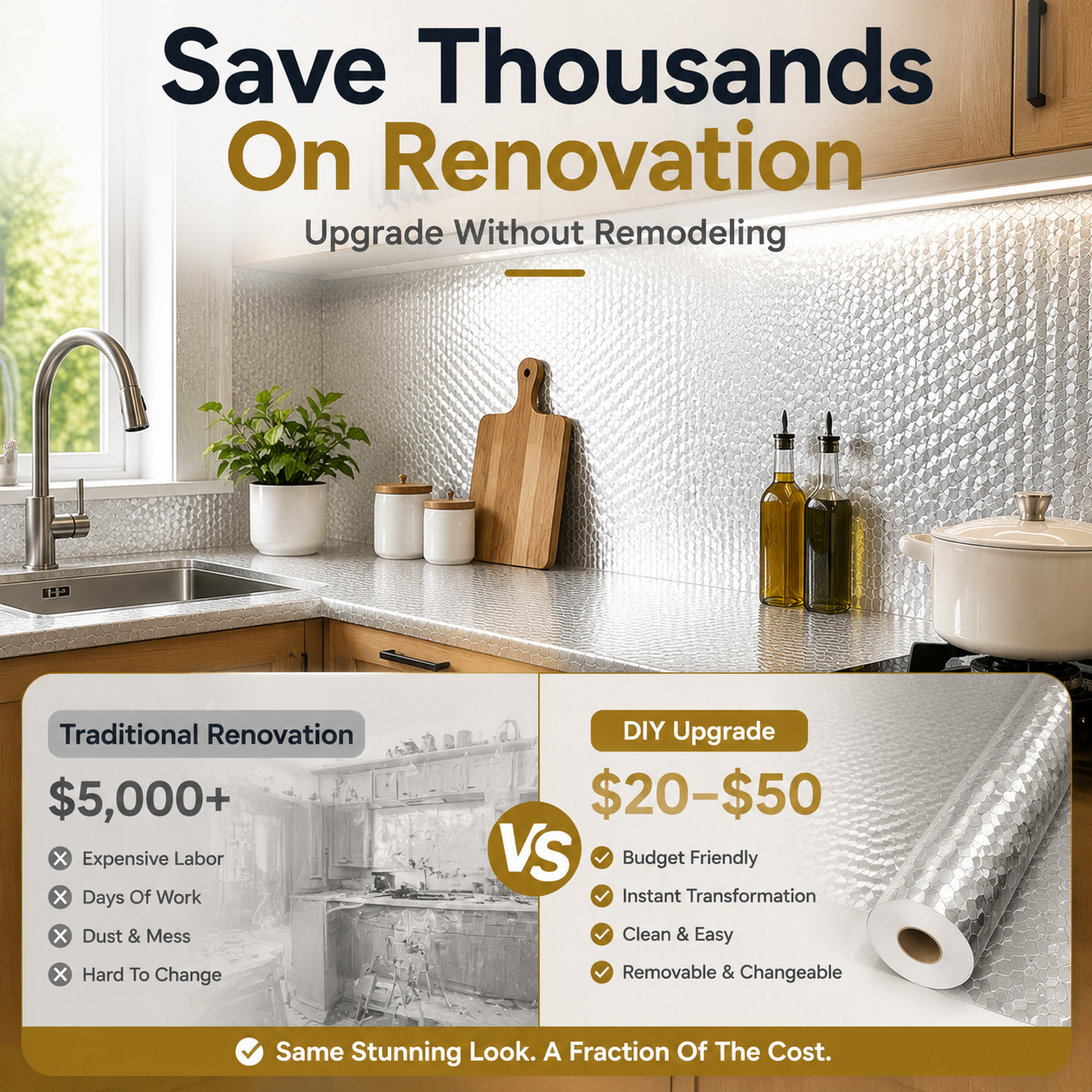 Ivosoma® Peel & Stick Kitchen Makeover Film – Waterproof DIY Countertop & Cabinet Cover