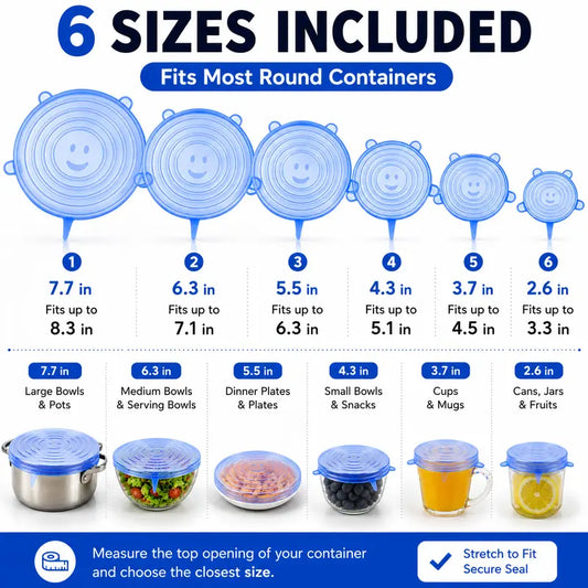 IVOSOMA® 🥗 6 PCS Silicone Stretch Lids – Reusable Food Covers for Bowls, Pots, Cups & Fresh Food Storage