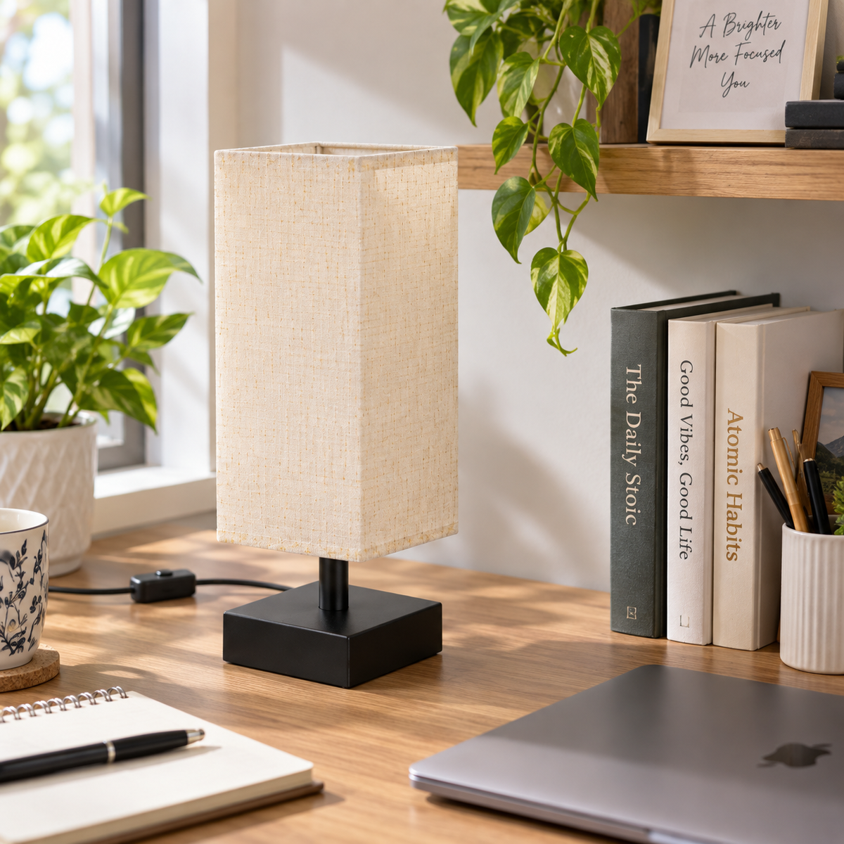 Aooshine Small Bedside Table Lamp with Square Cream Fabric Shade