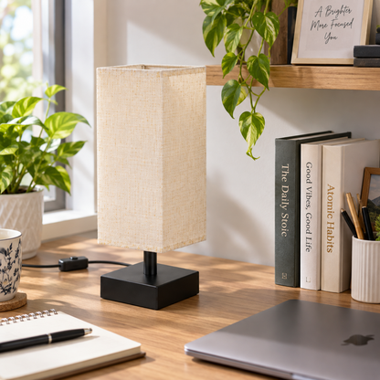 Aooshine Small Bedside Table Lamp with Square Cream Fabric Shade