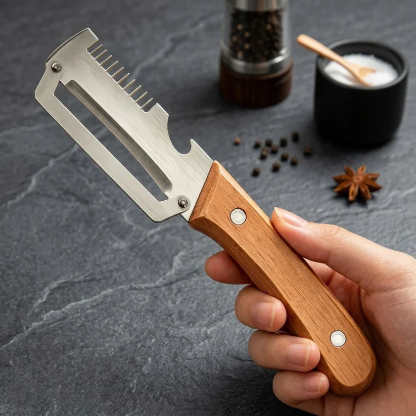 3-in-1 Stainless Steel Vegetable Peeler with Wooden Handle & Bottle Opener