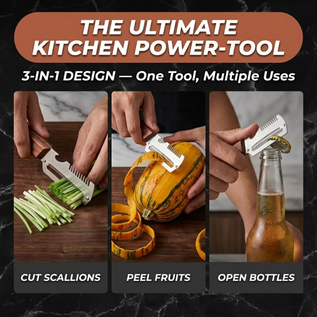 3-in-1 Stainless Steel Vegetable Peeler with Wooden Handle & Bottle Opener