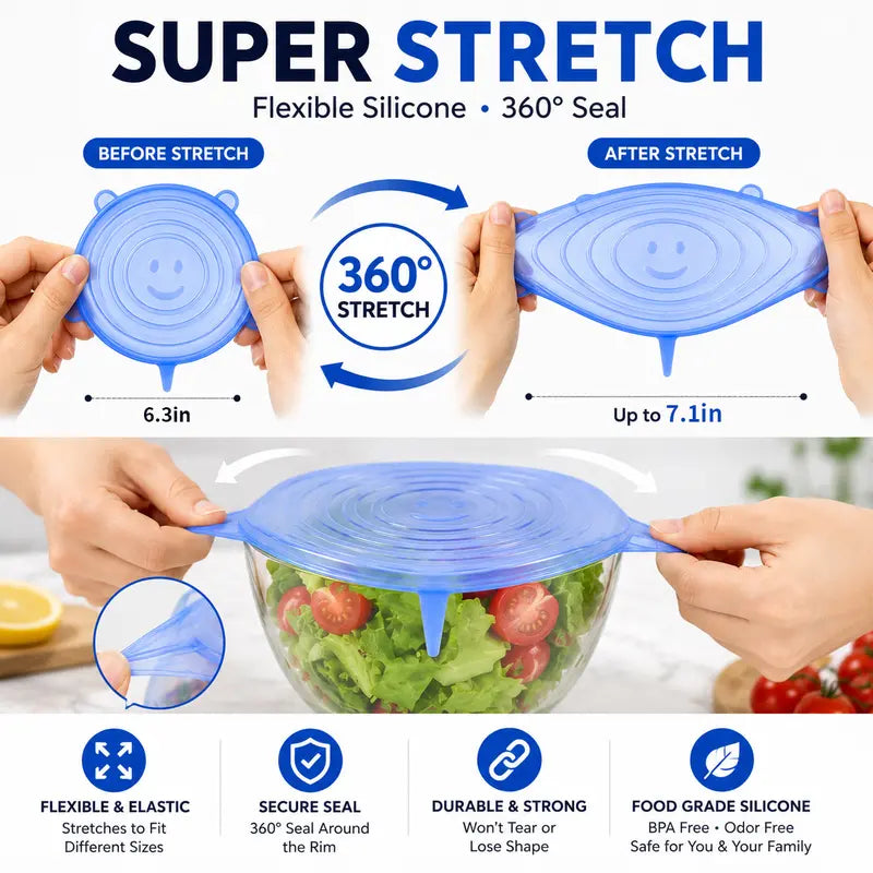 IVOSOMA® 🥗 6 PCS Silicone Stretch Lids – Reusable Food Covers for Bowls, Pots, Cups & Fresh Food Storage