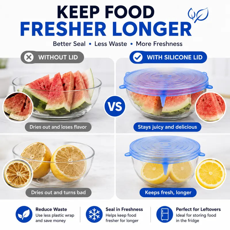 IVOSOMA® 🥗 6 PCS Silicone Stretch Lids – Reusable Food Covers for Bowls, Pots, Cups & Fresh Food Storage