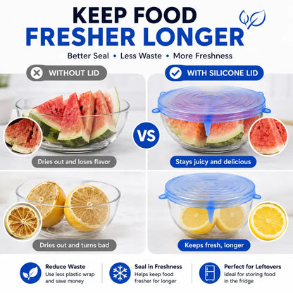 IVOSOMA® 🥗 6 PCS Silicone Stretch Lids – Reusable Food Covers for Bowls, Pots, Cups & Fresh Food Storage
