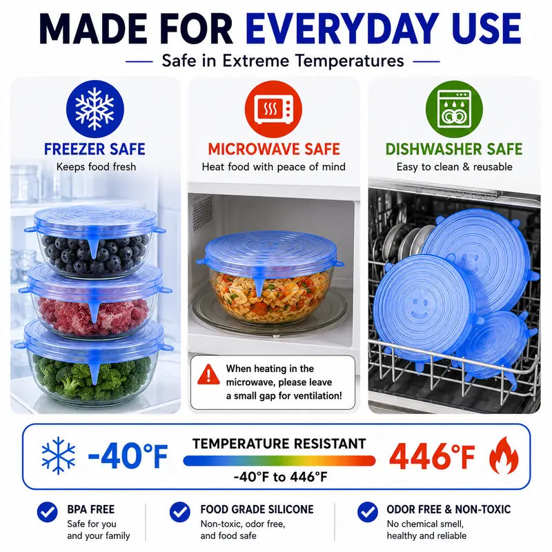 IVOSOMA® 🥗 6 PCS Silicone Stretch Lids – Reusable Food Covers for Bowls, Pots, Cups & Fresh Food Storage