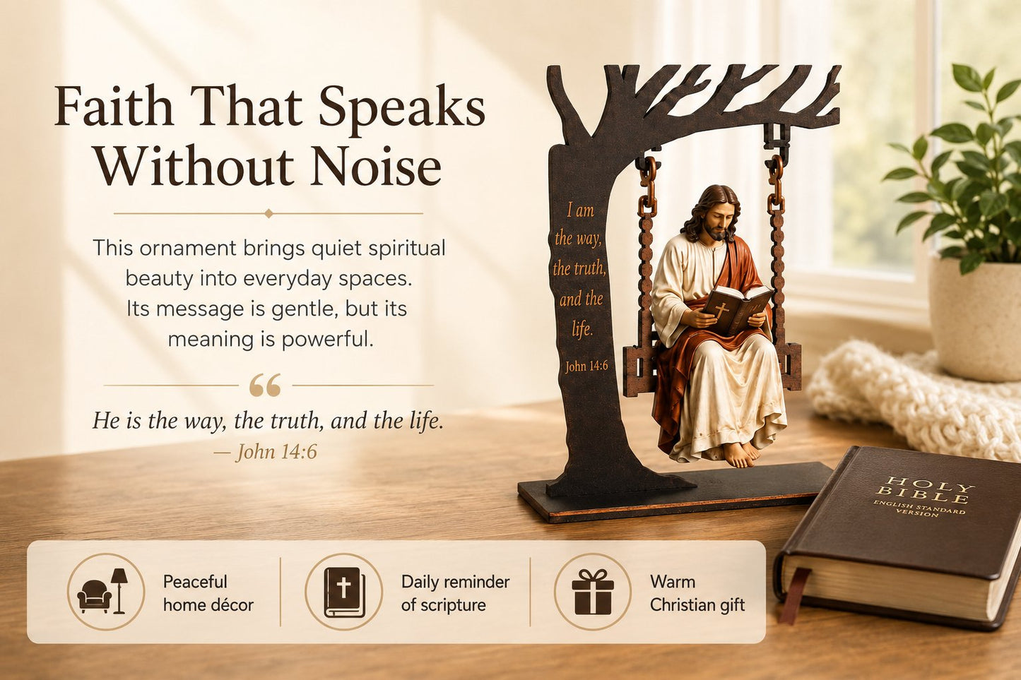 ✝️ Ivosoma® Jesus Swing Ornament – John 14:6 Faith Table Decor | Christian Bible Verse Home Decoration