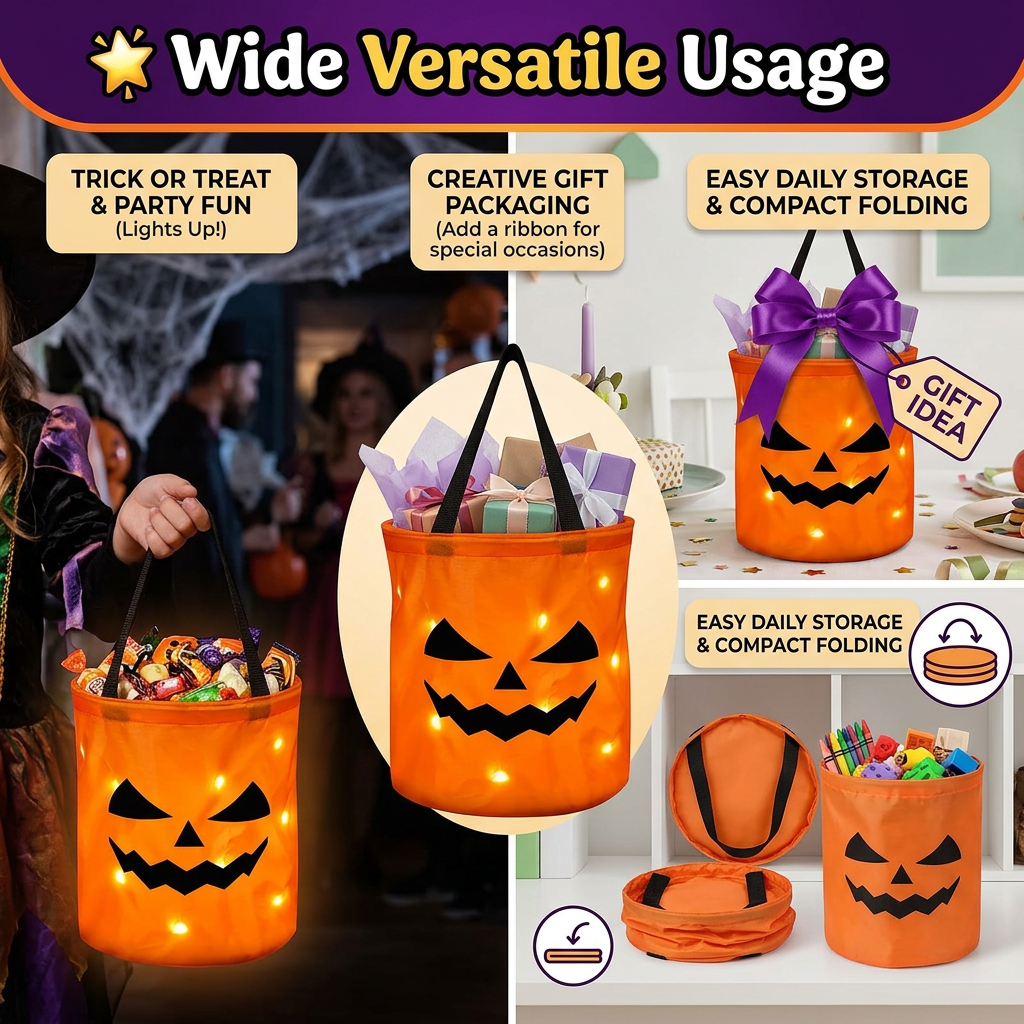 🎃2026 Halloween 50% OFF👻🌟Ivosoma® LED Light-Up Halloween Pumpkin Candy Tote Bag