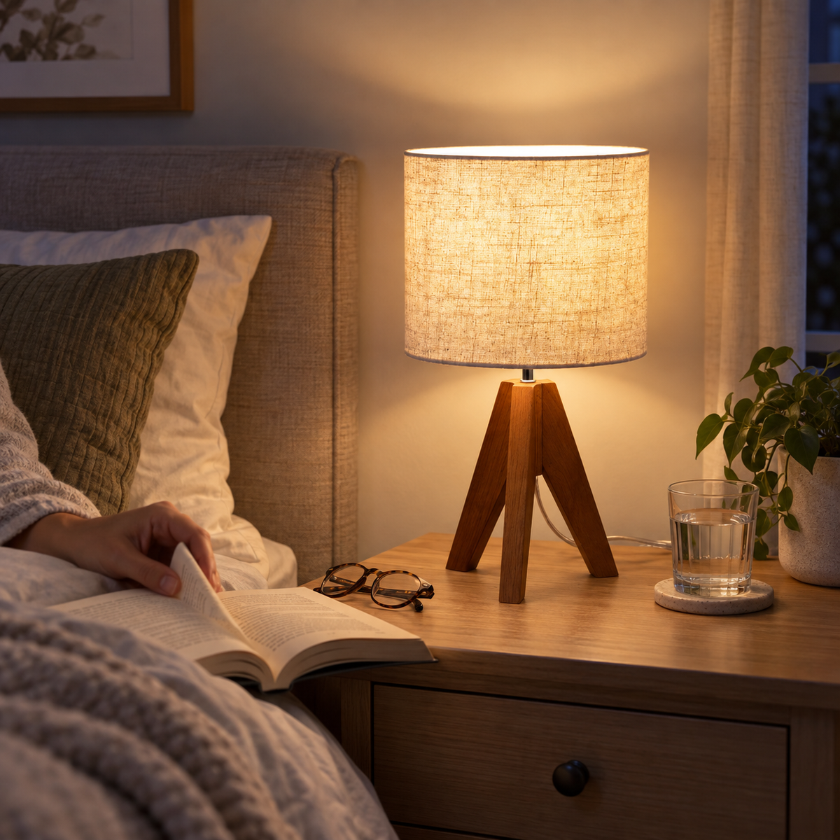 EDISHINE 14.2-Inch Tripod Table Lamp with Beige Linen Shade