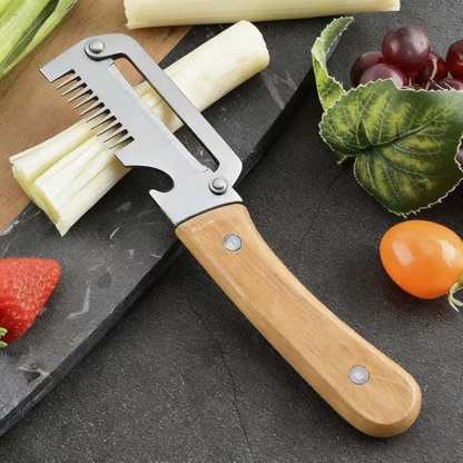 3-in-1 Stainless Steel Vegetable Peeler with Wooden Handle & Bottle Opener