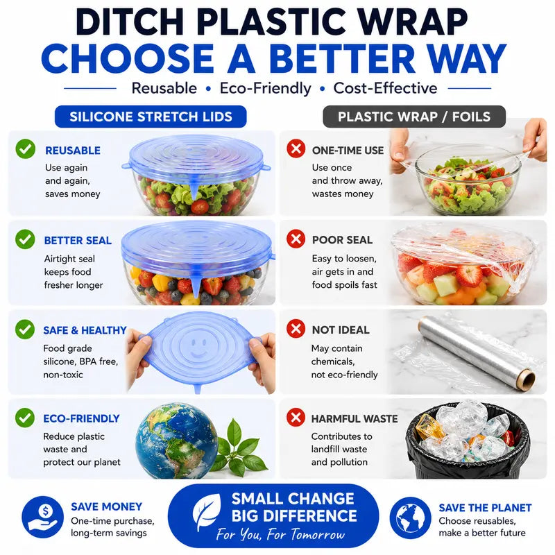 IVOSOMA® 🥗 6 PCS Silicone Stretch Lids – Reusable Food Covers for Bowls, Pots, Cups & Fresh Food Storage