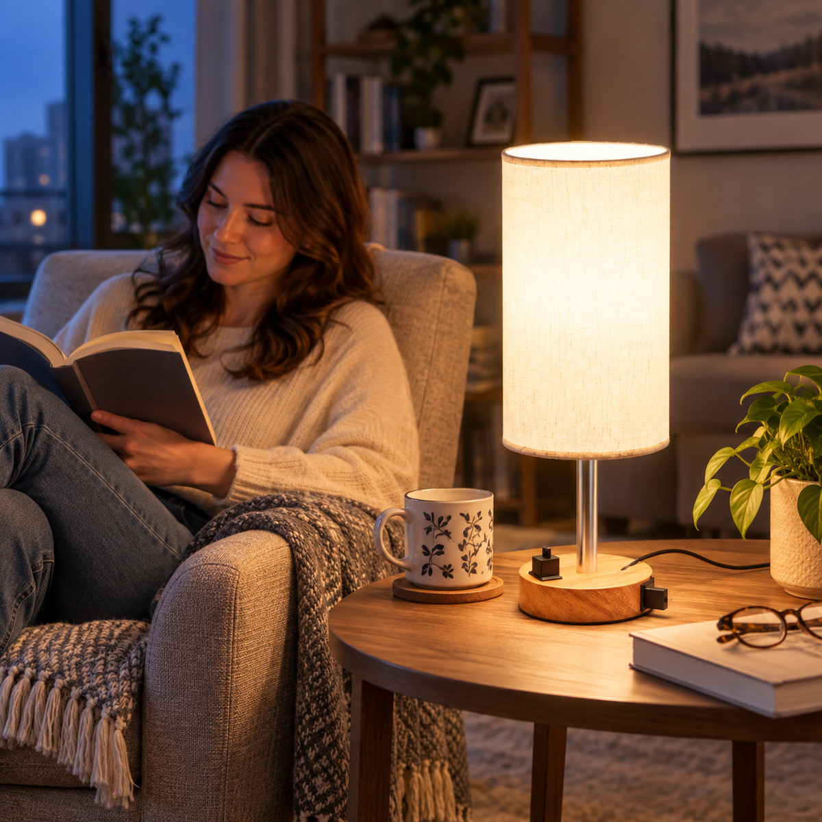 Fenmzee Dimmable Touch Bedside Table Lamp with USB-A, USB-C & AC Outlet