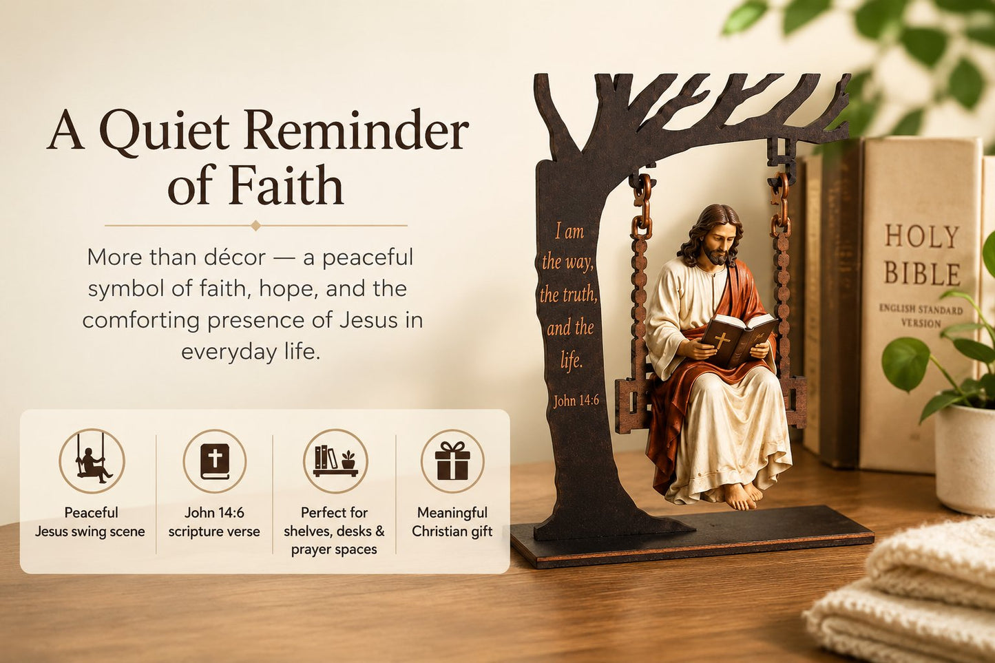 ✝️ Ivosoma® Jesus Swing Ornament – John 14:6 Faith Table Decor | Christian Bible Verse Home Decoration