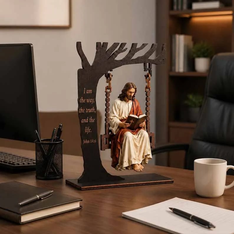 ✝️ Ivosoma® Jesus Swing Ornament – John 14:6 Faith Table Decor | Christian Bible Verse Home Decoration