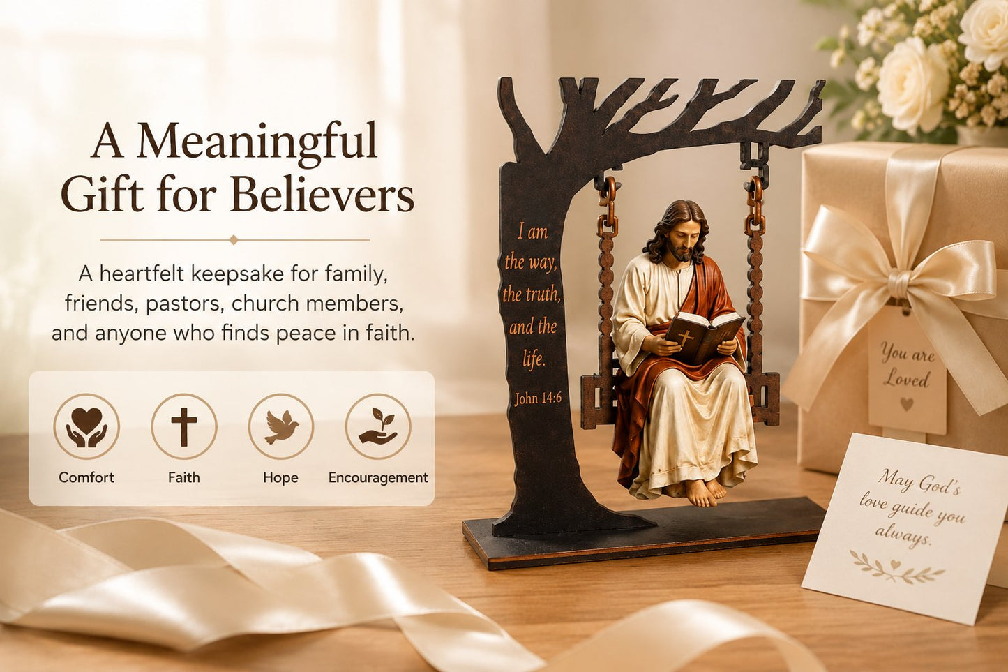 ✝️ Ivosoma® Jesus Swing Ornament – John 14:6 Faith Table Decor | Christian Bible Verse Home Decoration