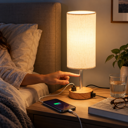 Fenmzee Dimmable Touch Bedside Table Lamp with USB-A, USB-C & AC Outlet
