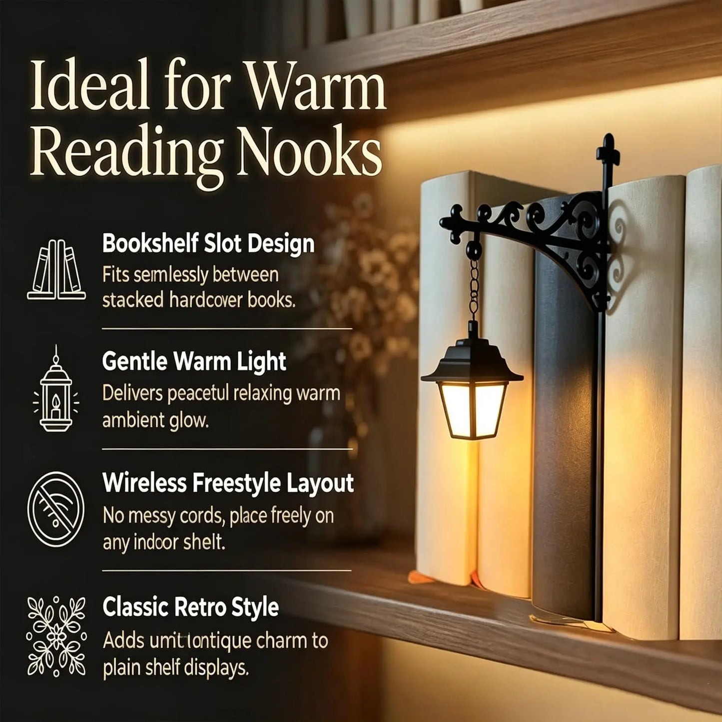 IVOSOMA® Mini Library Lantern Shelf Lamp for Cozy Reading Nook Decor