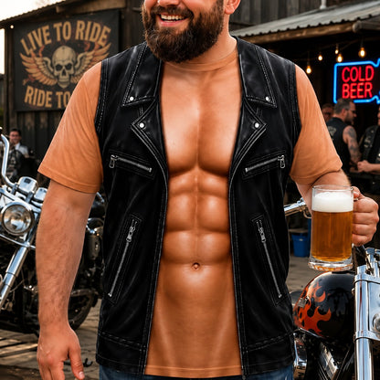 💪LAST DAY 50% OFF🔥Ivosoma® Personalized Six Pack ABS with Biker Vest Men Funny 3D T-Shirt – 😂🤘 Look Like a Biker, Feel Like a Legend!