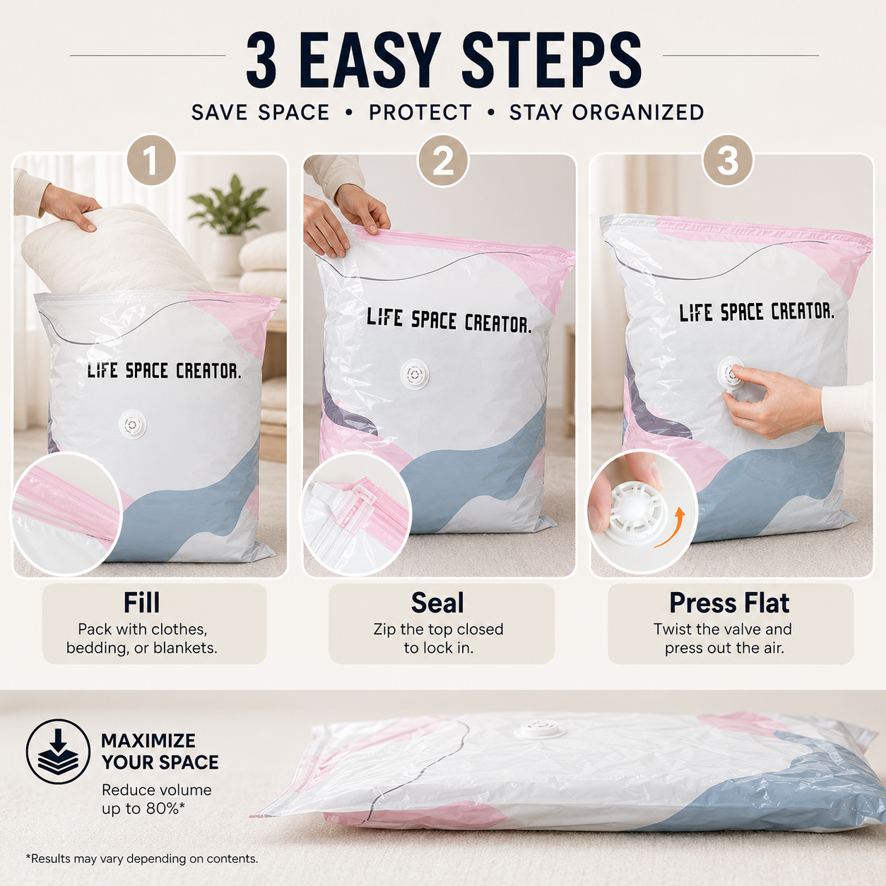 No-Pump Vacuum Storage Compression Bags