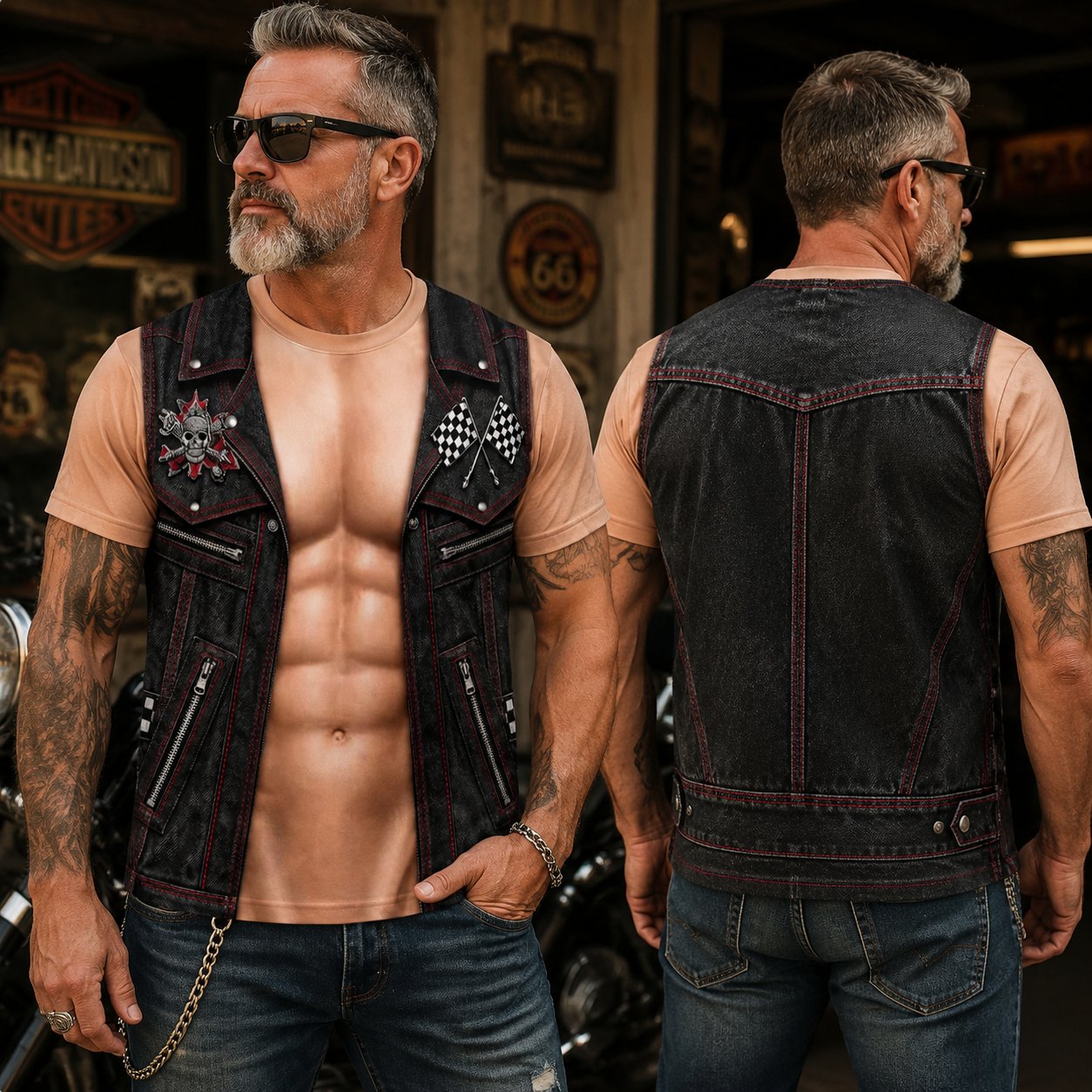 💪LAST DAY 50% OFF🔥Ivosoma® Personalized Six Pack ABS with Biker Vest Men Funny 3D T-Shirt – 😂🤘 Look Like a Biker, Feel Like a Legend!