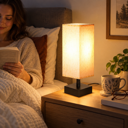 Aooshine Small Bedside Table Lamp with Square Cream Fabric Shade
