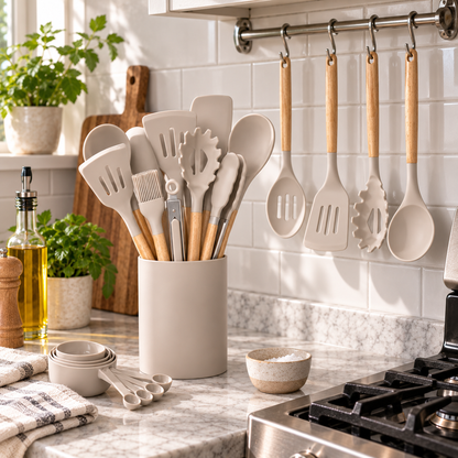 Umite Chef 33-Piece Silicone Kitchen Utensil Set with Wooden Handles