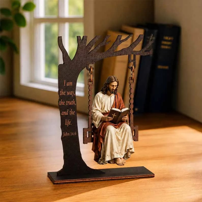 ✝️ Ivosoma® Jesus Swing Ornament – John 14:6 Faith Table Decor | Christian Bible Verse Home Decoration