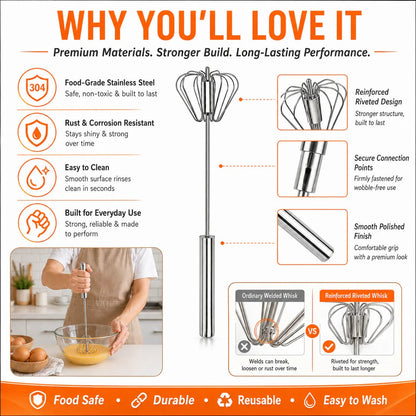🎉LAST DAY 50% OFF ✨IVOSOMA®Stainless Steel Hand-Push Rotary Whisk – Effortless Mixing in Seconds!
