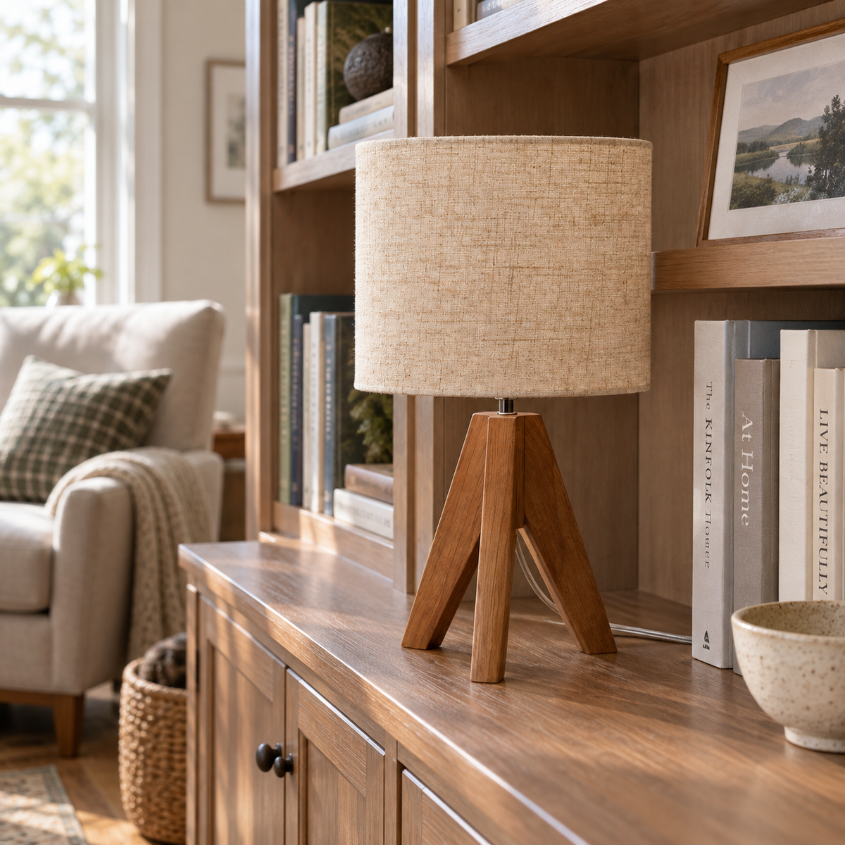 EDISHINE 14.2-Inch Tripod Table Lamp with Beige Linen Shade