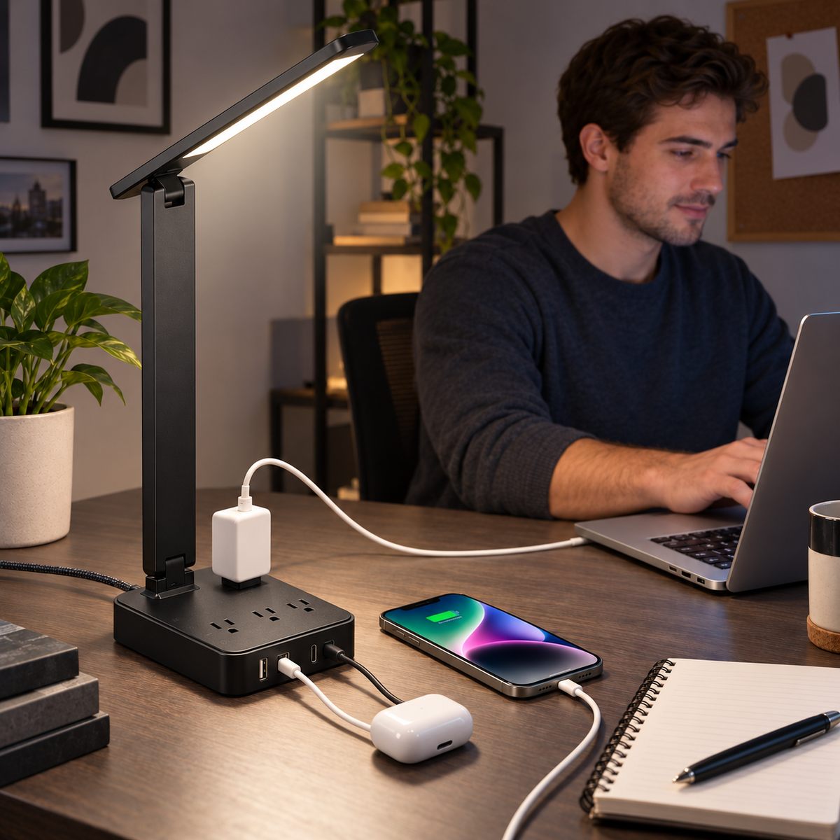 Addtam LED Desk Lamp with Power Strip & USB Charging Ports