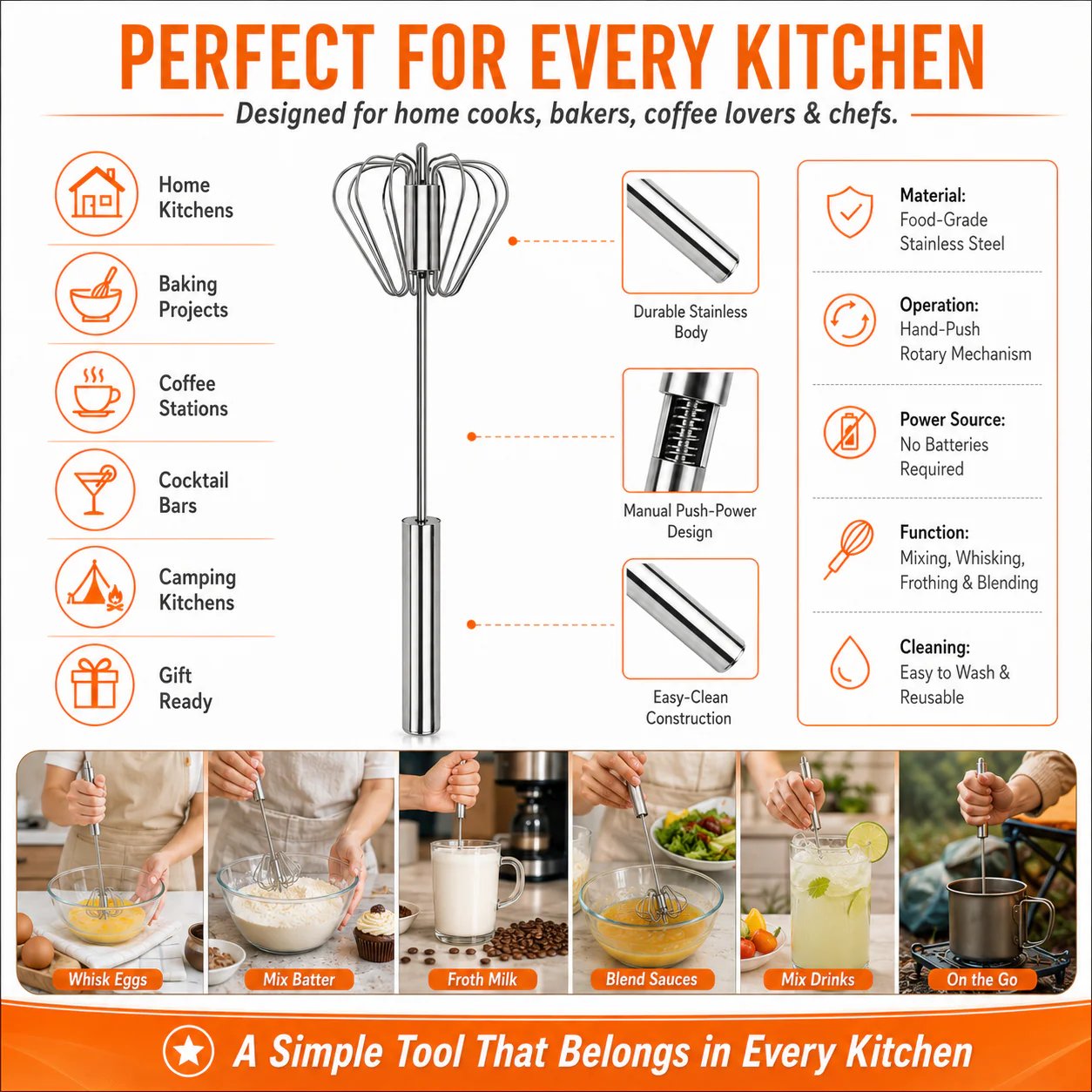 🎉LAST DAY 50% OFF ✨IVOSOMA®Stainless Steel Hand-Push Rotary Whisk – Effortless Mixing in Seconds!