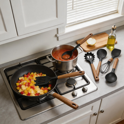 Umite Chef 8-Piece Silicone Cooking Utensil Set With Natural Wooden Handles