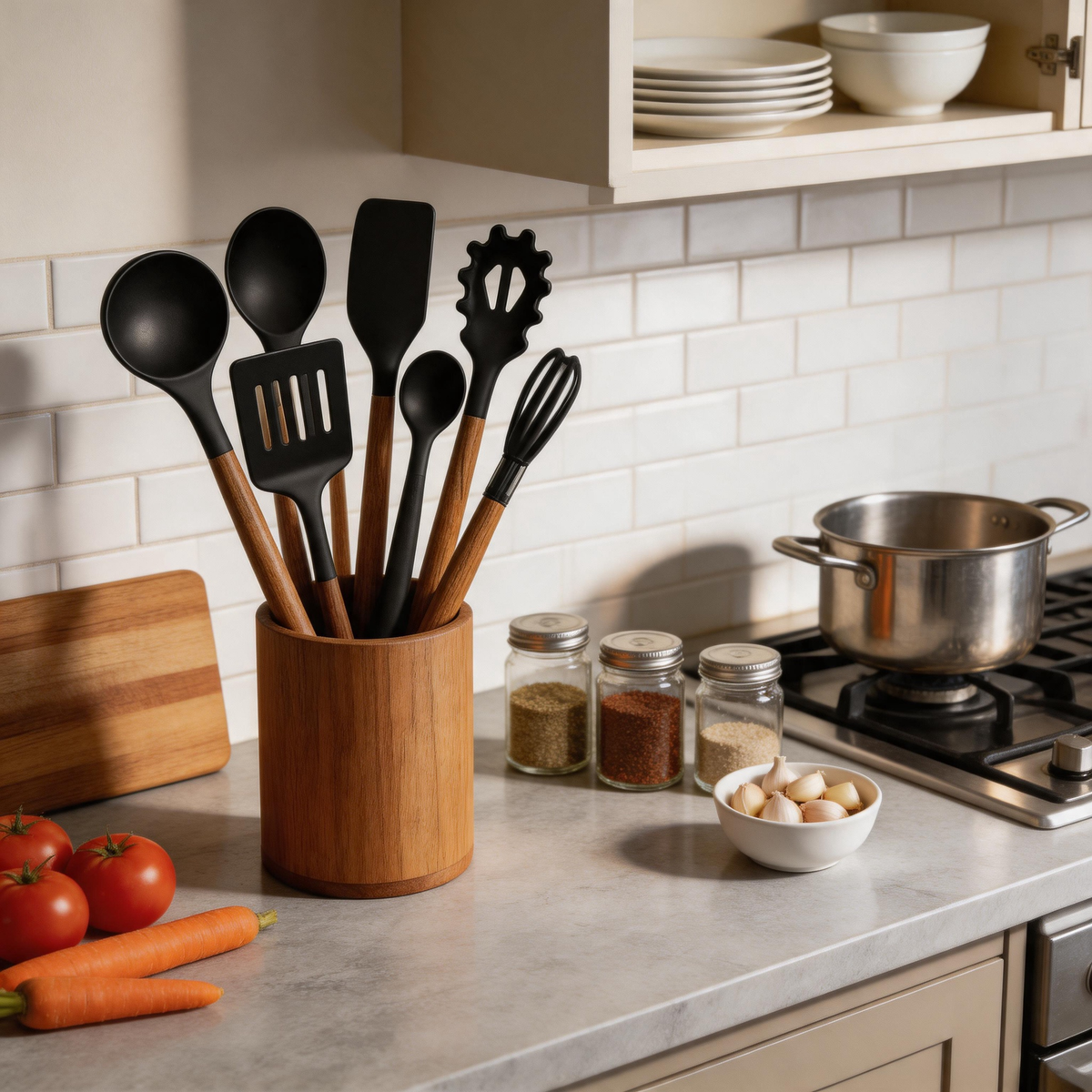 Umite Chef 8-Piece Silicone Cooking Utensil Set With Natural Wooden Handles