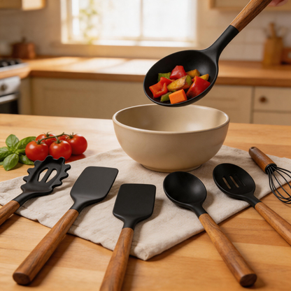 Umite Chef 8-Piece Silicone Cooking Utensil Set With Natural Wooden Handles