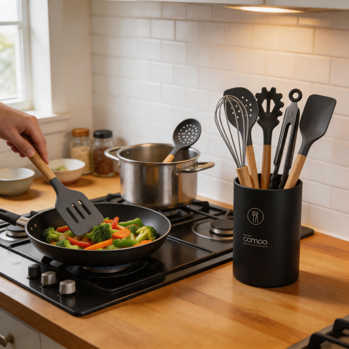 Silicone Kitchen Utensils Set With Wooden Handles